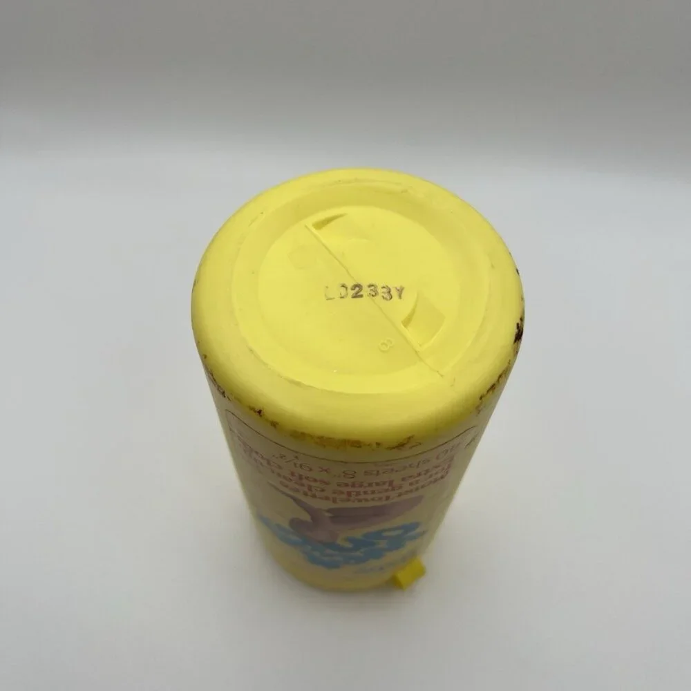 Vintage 80s Wet Ones Baby Size Towelettes Canister Retro Yellow Advertising